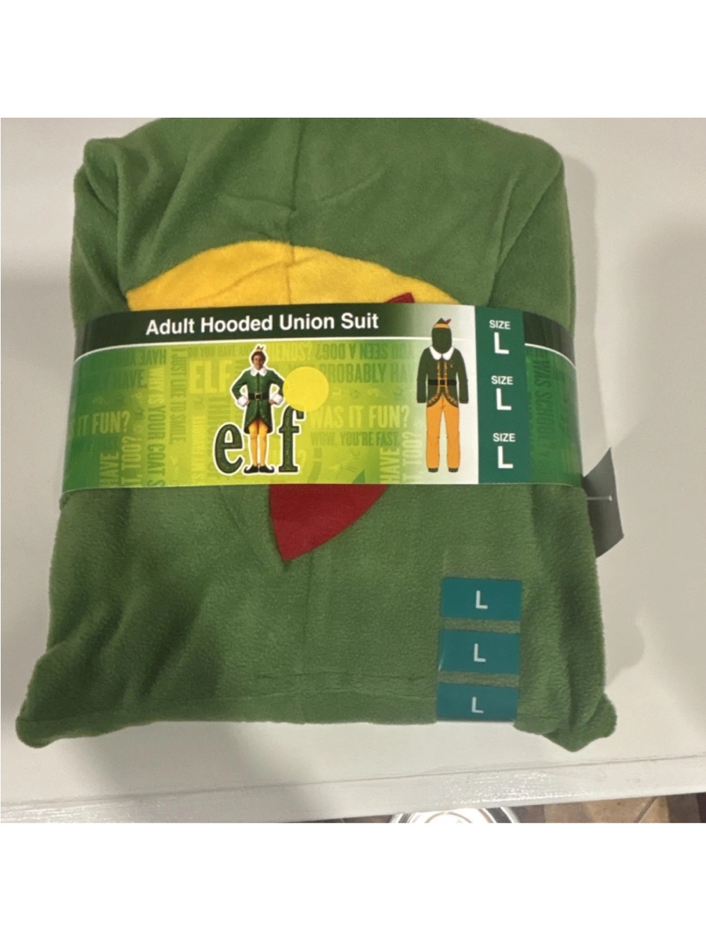 ELF Green Hooded Adult Union Suit with Yellow & Red Accents